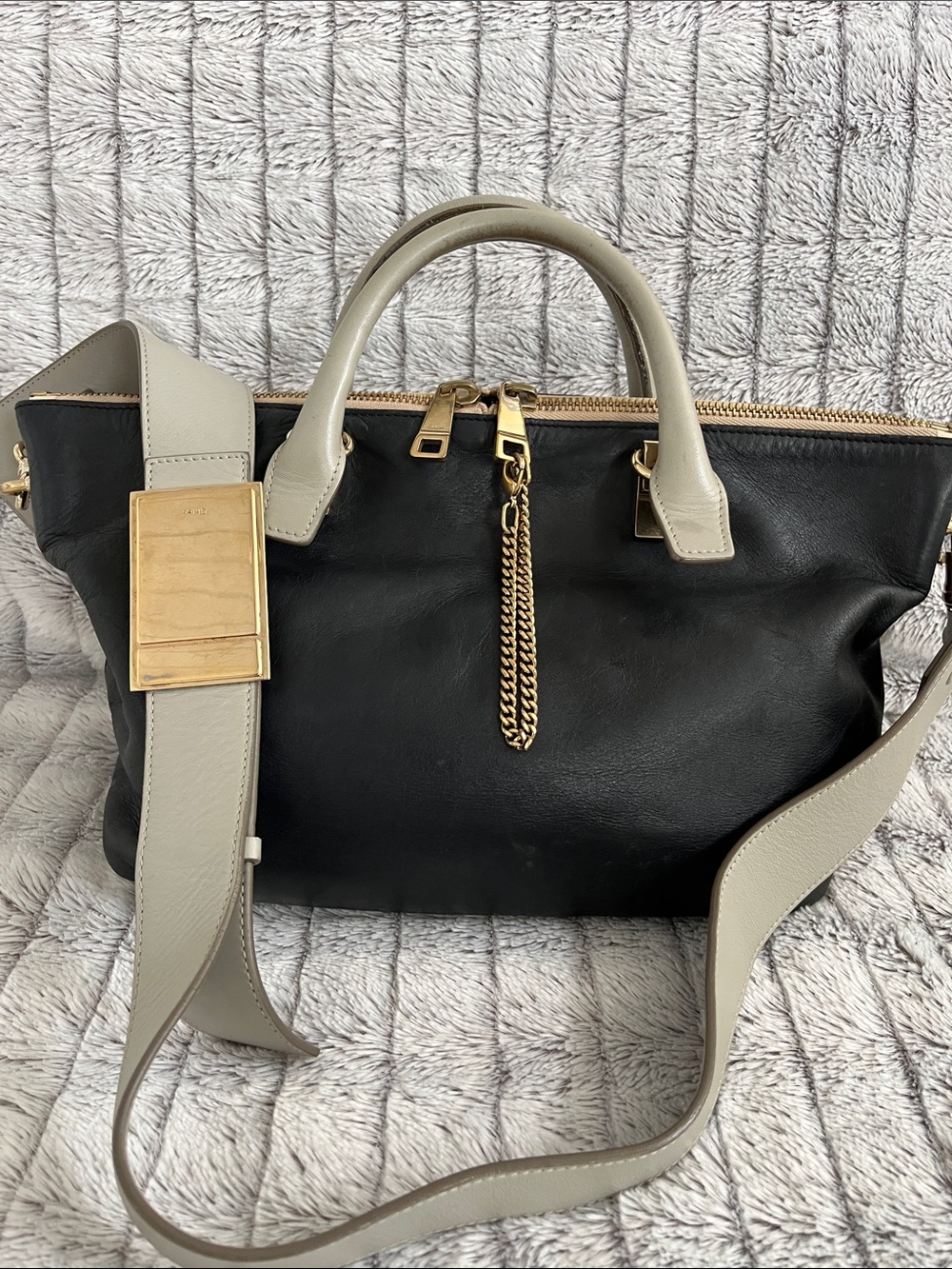 Chloe black leather two-way bag with gray leather handles and crossbody strap